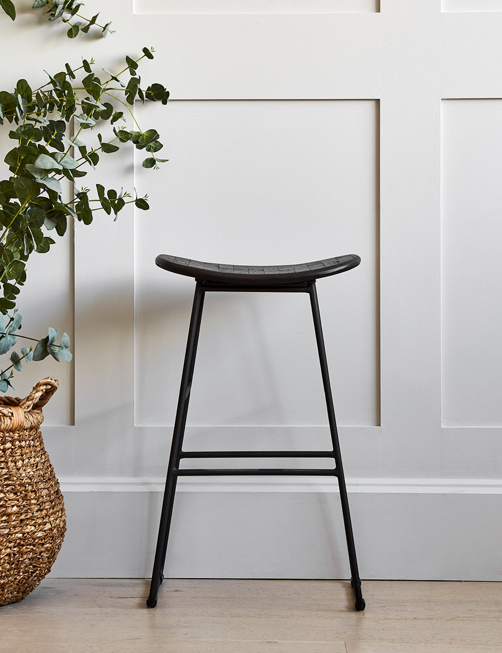 Teak Wood & Steel Bar Stool - Black
