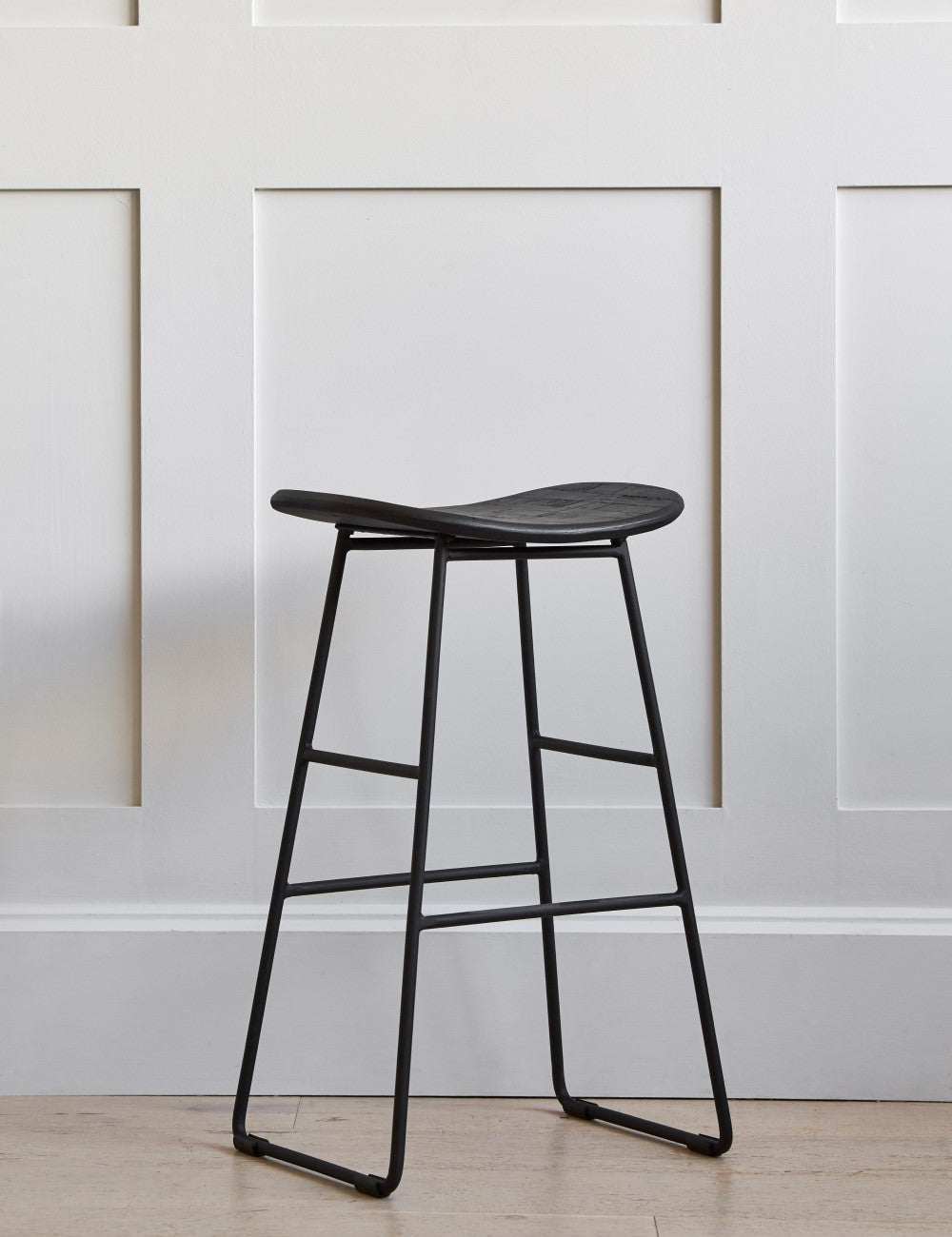 Teak Wood & Steel Bar Stool - Black