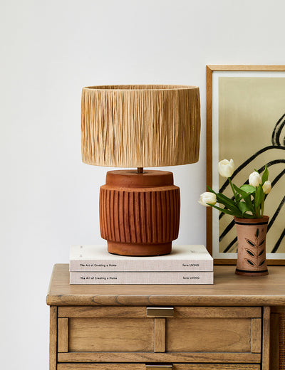 Terracotta Table Lamp with Wicker Lampshade