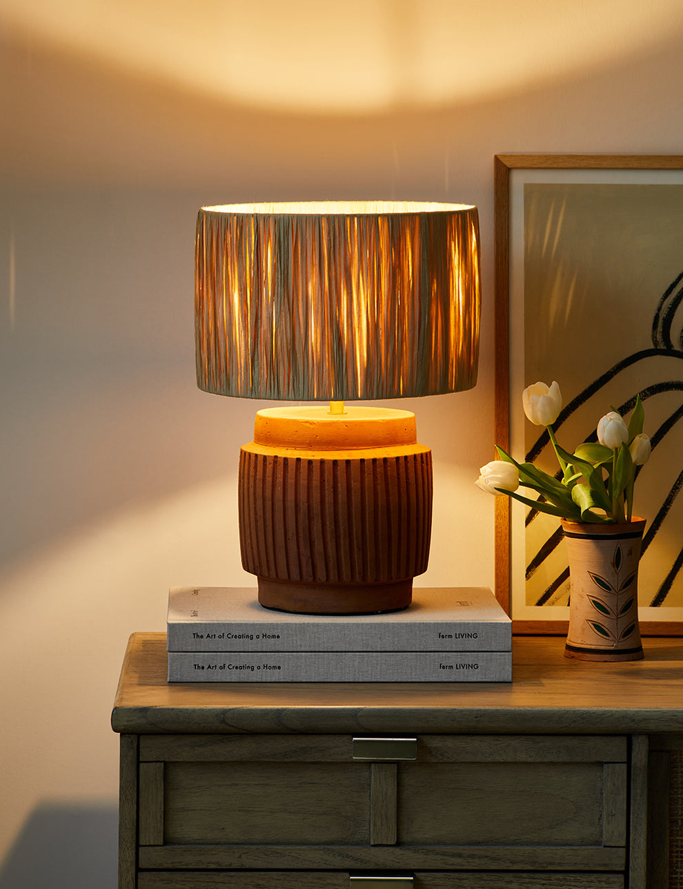 Terracotta Table Lamp with Wicker Lampshade
